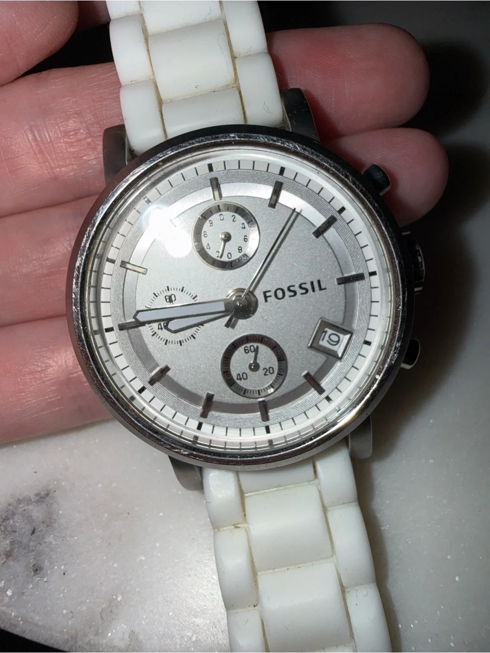 Fossil Silver Dial and White Silicone Strap Chronograph Watch